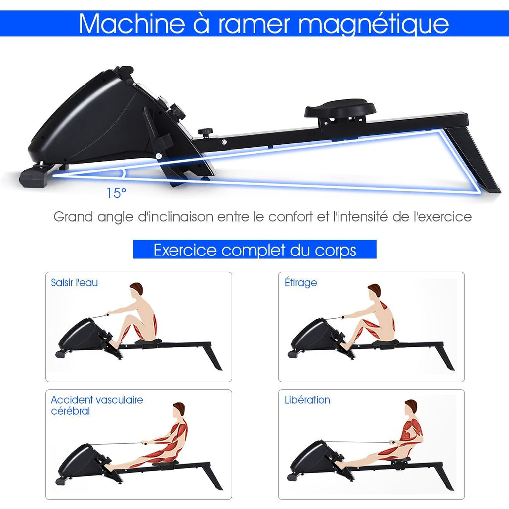 Rameur d'Appartement Pliable à Résistance 10 Niveaux Ecran Lcd Capacité 120kg Musculation Des Bras Cardio-Training Noir -