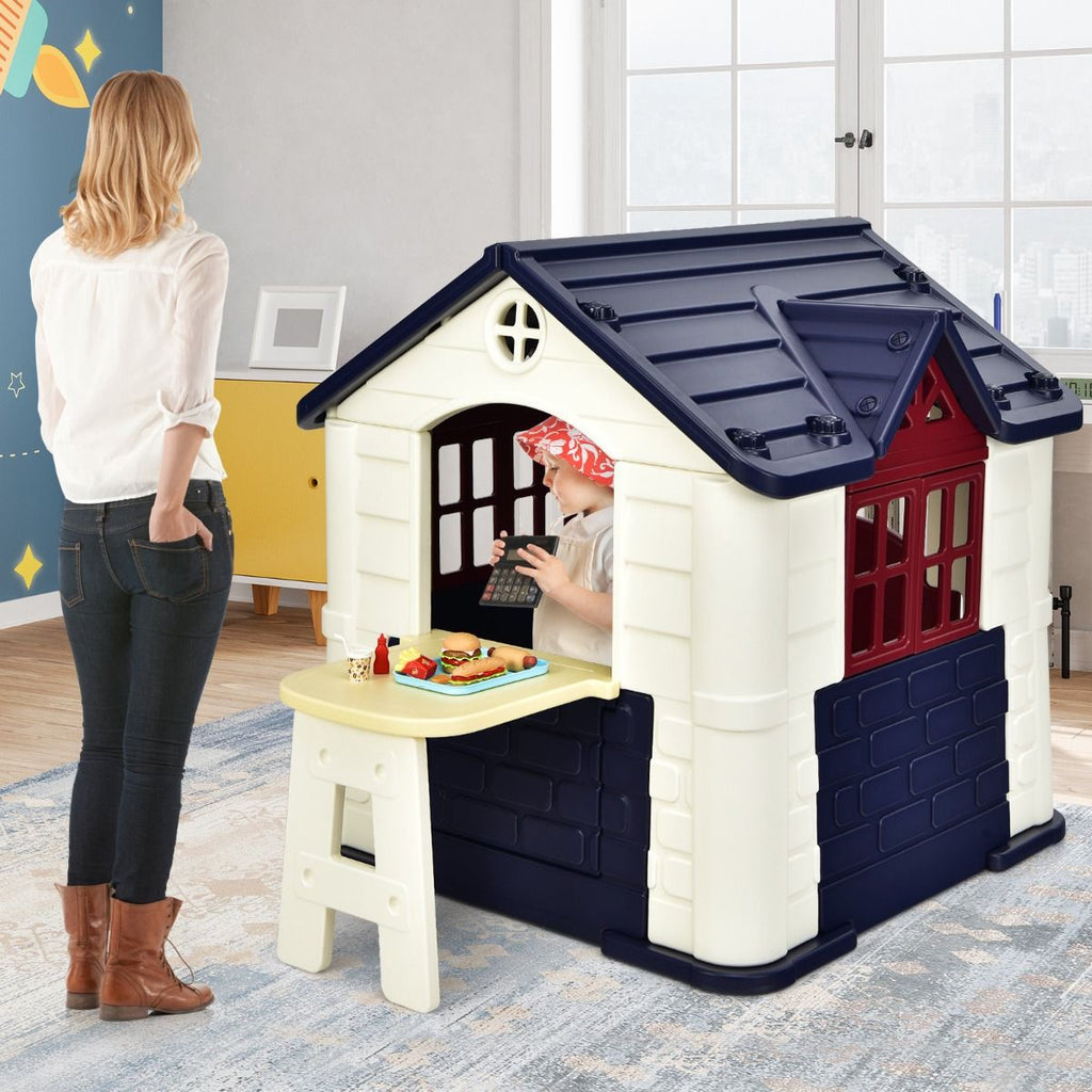 Maison Chef House -Thme Burger Bar - Table de Pique Nique Cabane de Jardin Anti-UV en Plastique 164x124x132 cm Bleu/Rose/Jaune -