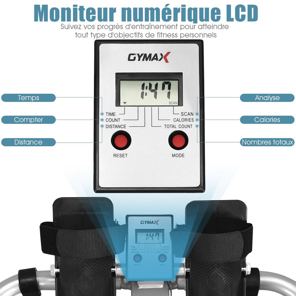 Rameur de Fitness Rsistance Hydraulique Rglable 50kg Affichage LCD Pdale Antidrapante Charge de 100 kg Argent -