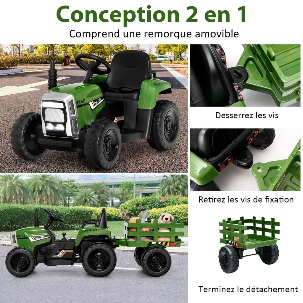 Tracteur Electrique avec Remorque pour Enfants 3 Vitesses Lumières LED Fonctions o USB et Bluetooth Jaune/Rose/Rouge/Vert/Vert Foncé/Noir -