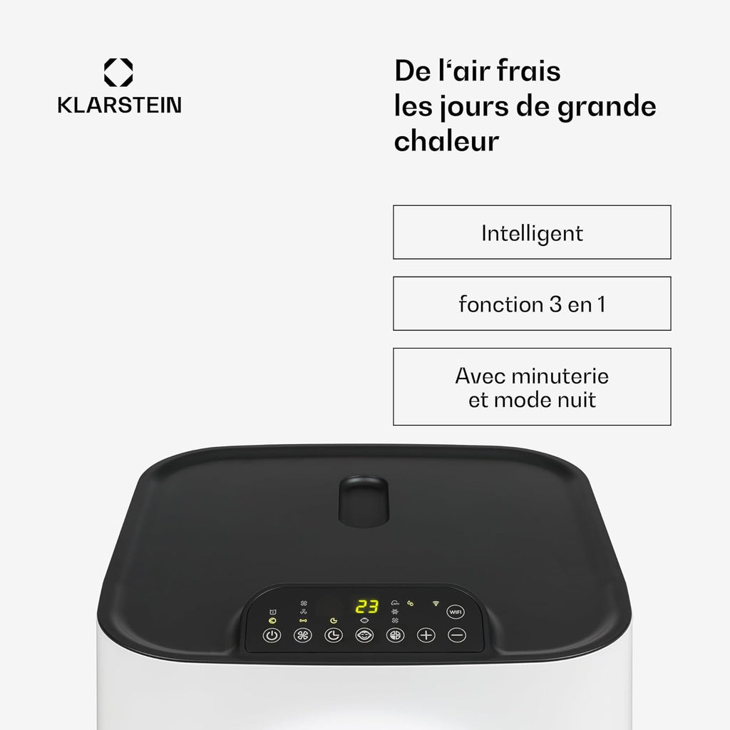 Klarstein Climatiseur Mobile Silencieux, Climatiseur Portable 5 en 1, Mini Climatiseur, Purificateur et Elimination des Odeurs, Mode Nuit, Déshumidificateur d'Air, Faible Conso, 10K BTU, Climatiseurs