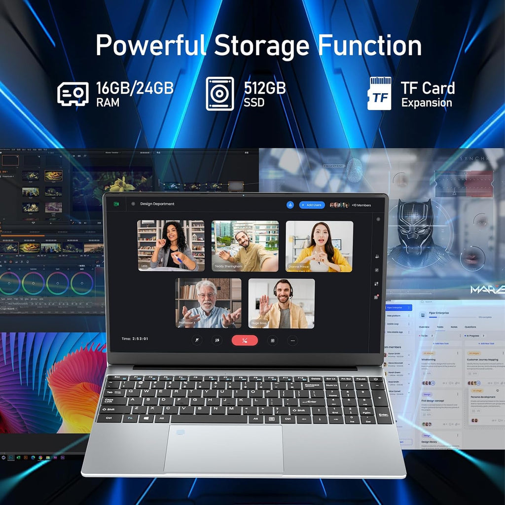 Ordinateur Portable 15 6 Pouces PC Portable Celeron N5095 CPU 16Go RAM 512Go SSD Laptop Win11 FHD 1920 x 1080 Rétroéclairé & Déverrouillage Empreinte Webca Wi-FI 5 BT4.2 USB 3.0 * 2