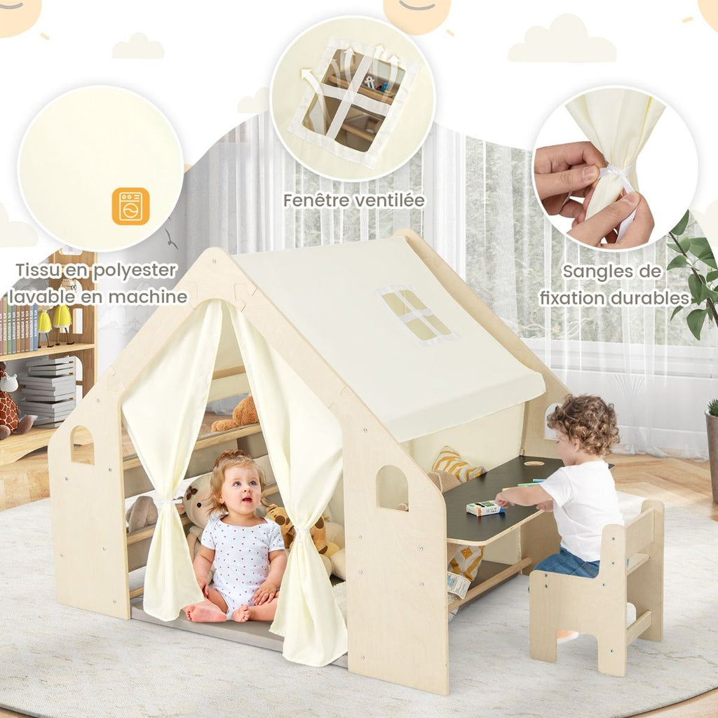 Tente de Jeu d'Intérieur en Bois pour Enfants 6 en 1 Tableau Noir Table Chaise 6 Bacs de Rangement Coussin de Sol Maison de Jeu pour 2-6 ans Beige -