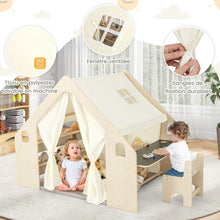 Load image into Gallery viewer, Tente de Jeu d'Intérieur en Bois pour Enfants 6 en 1 Tableau Noir Table Chaise 6 Bacs de Rangement Coussin de Sol Maison de Jeu pour 2-6 ans Beige -