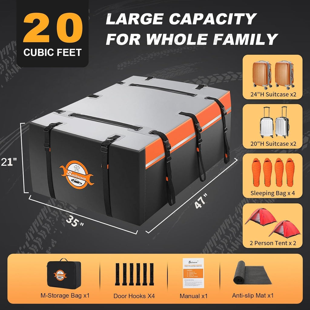 Sailnovo Coffre de Toit Souple de 0,6 m³ avec Tapis antidérapant + 6 Crochets de Porte, Sac de Toit imperméable en PVC pour Voiture avec/sans Porte-Bagages, Noir