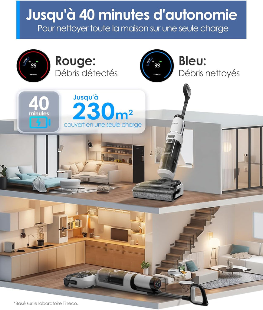 Tineco Aspirateur Balai sans Fil Floor One S6 Stretch Lite Aspirateur Laveur, S’aplatit à 180°, Auto-Nettoyage, Longue Autonomie, Nettoyage des Bords de 2 côtés