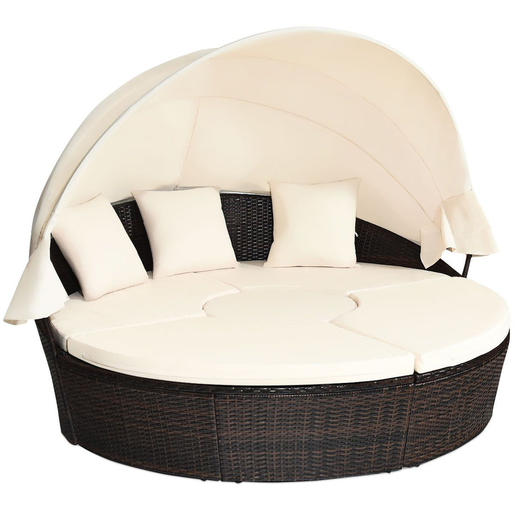 Lit de Jardin Rond d'Exterieur Table Relevable Modulable & Convertible - Pare Soleil Réglable rotin PE Coussins Inclus Beige -