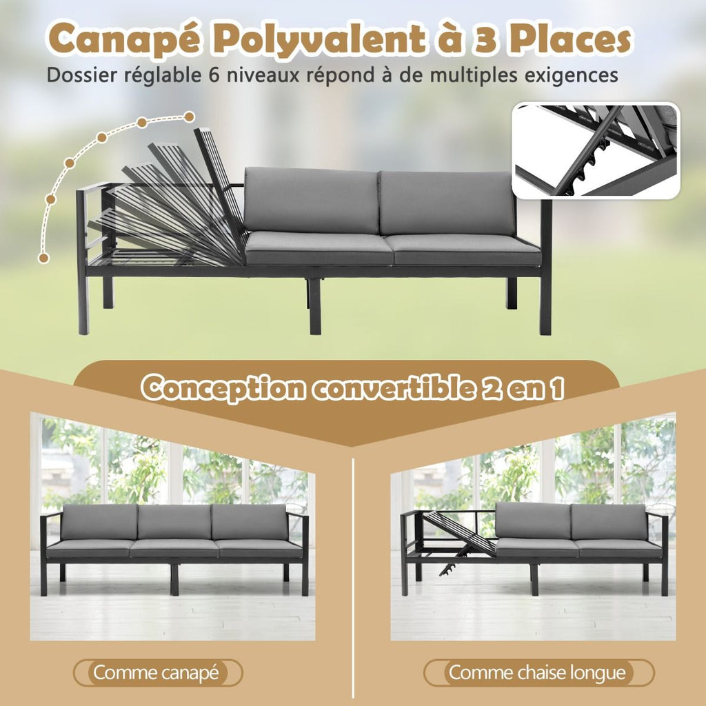 Salon de Jardin Extérieur avec Table Basse en Verre Trempé Canapéavec Dossier Inclinable à 6 Niveaux Coussins Inclus Gris -