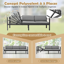 Load image into Gallery viewer, Salon de Jardin Extérieur avec Table Basse en Verre Trempé Canapéavec Dossier Inclinable à 6 Niveaux Coussins Inclus Gris -