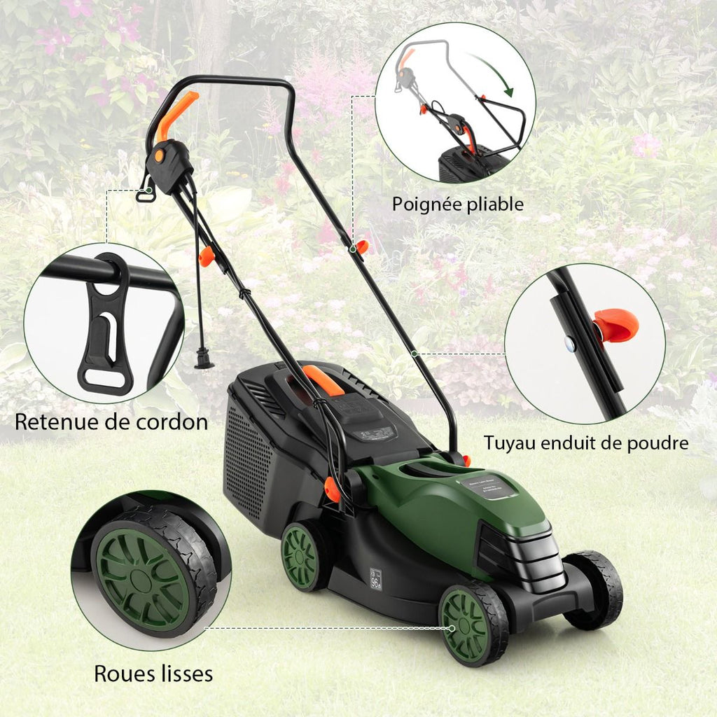 Tondeuse à Gazon Électrique Filaire 1500 W 4015 TR/Min Boîte de Collecte 35 L 3 Hauteur Réglables 25-65 MM Largeur de Coupe 34 CM Vert -