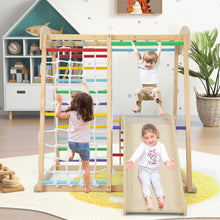 Load image into Gallery viewer, Triangle d'Escalade 6 en 1 en Bois avec Toboggan et Filet Barre pour Grimper Ramper et Glisser 1 An+ Coloré/Naturel -