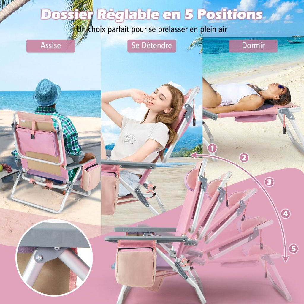 Lot de 2 Chaises de Camping Plage Pliante Table Enroulable en Aluminium Appui-tête Dossier Réglable à 5 Positions 6 Couleurs au Choix -