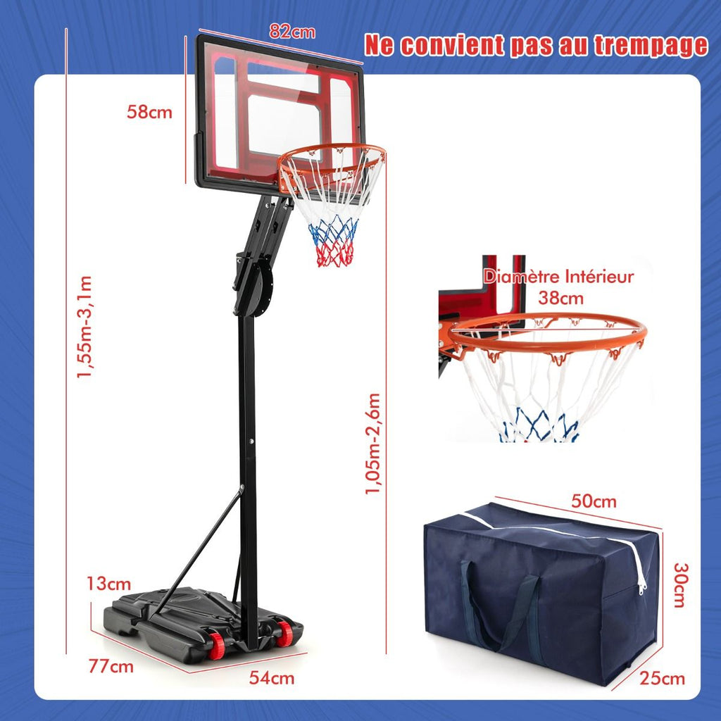 Panier de Basketball sur Pieds avec Hauteur Rglable 1,55-3,1m Support de Basketball avec Panneau Arrire en PE pour Enfants et Jaunes -