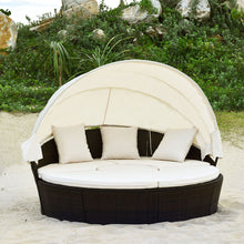 Load image into Gallery viewer, Lit de Jardin Rond d'Exterieur Table Relevable Modulable &amp; Convertible - Pare Soleil Réglable rotin PE Coussins Inclus Beige -