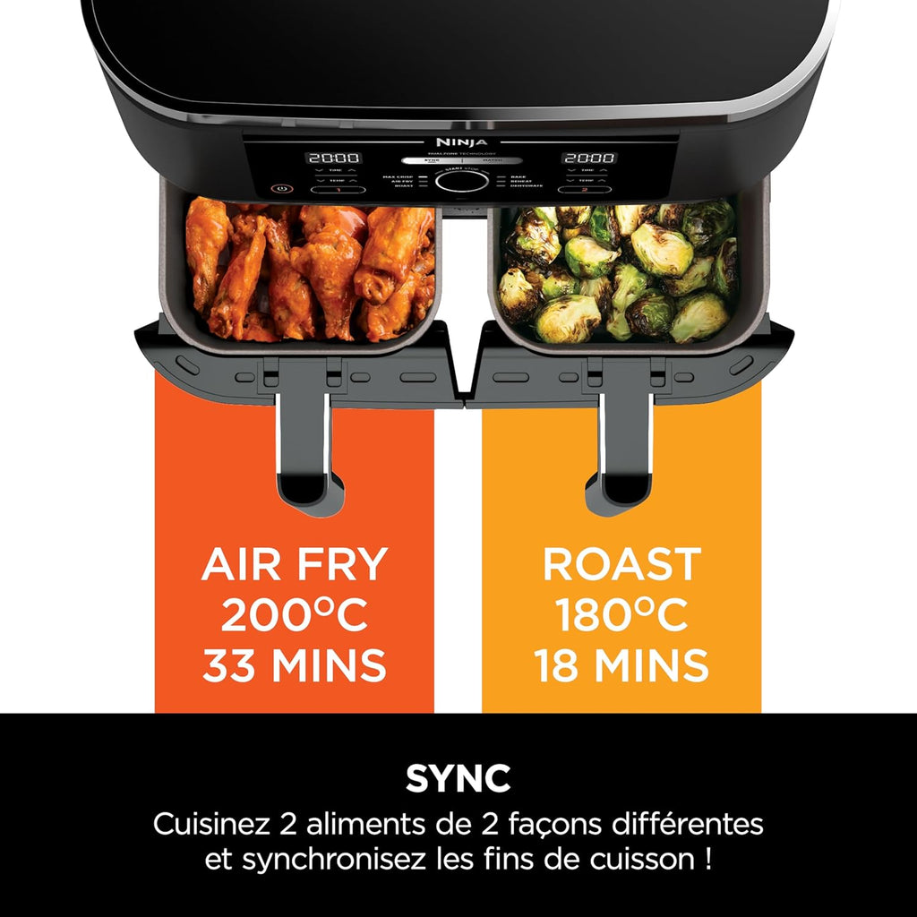 Foodi FlexDrawer Air Fryer,Dual Zone Avec Sparateur Amovible,Grand Tiroir de 10,4 L,7-en-1,Double Zone,Sans Huile,Pices Antiadhsives Compatibles Au Lave-Vaisselle,Noir AF500EU