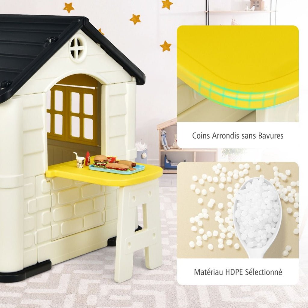 Maison Chef House -Thme Burger Bar - Table de Pique Nique Cabane de Jardin Anti-UV en Plastique 164x124x132 cm Bleu/Rose/Jaune -