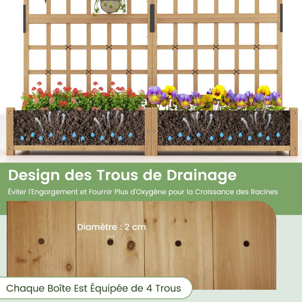 Jardinière avec 2 Treillis 2 Bacs Toit Suspendu en Bois Lit de Jardin Surélevé avec 4 Trous de Drainage 180 x 48 x 183 cm Orange -