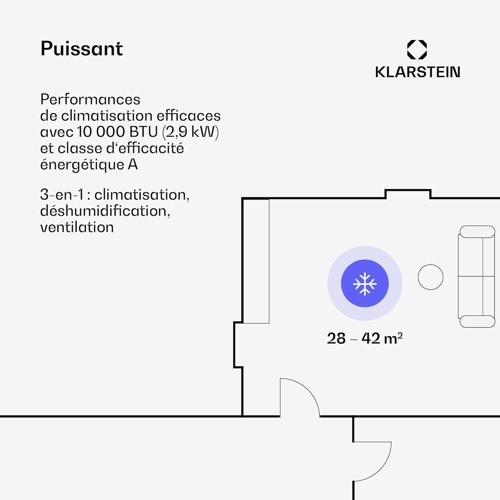 Klarstein Climatiseur Mobile Silencieux, Climatiseur Portable 5 en 1, Mini Climatiseur, Purificateur et Elimination des Odeurs, Mode Nuit, Déshumidificateur d'Air, Faible Conso, 10K BTU, Climatiseurs