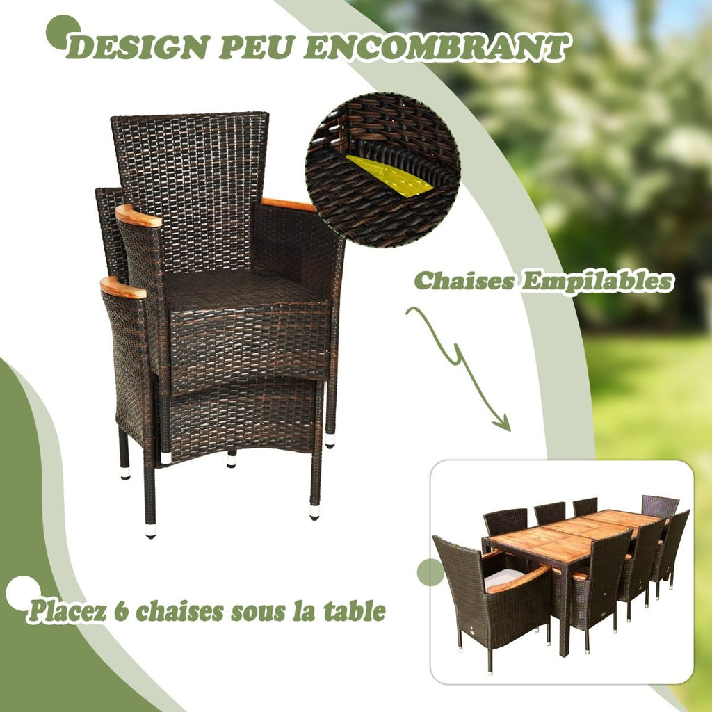 Salon de Jardin en Rotin 9 Pièces pour 8 Personnes Plateau de Table en Acacia Ensemble de Salle à Manger avec Coussins Amovibles Charge 160KG -