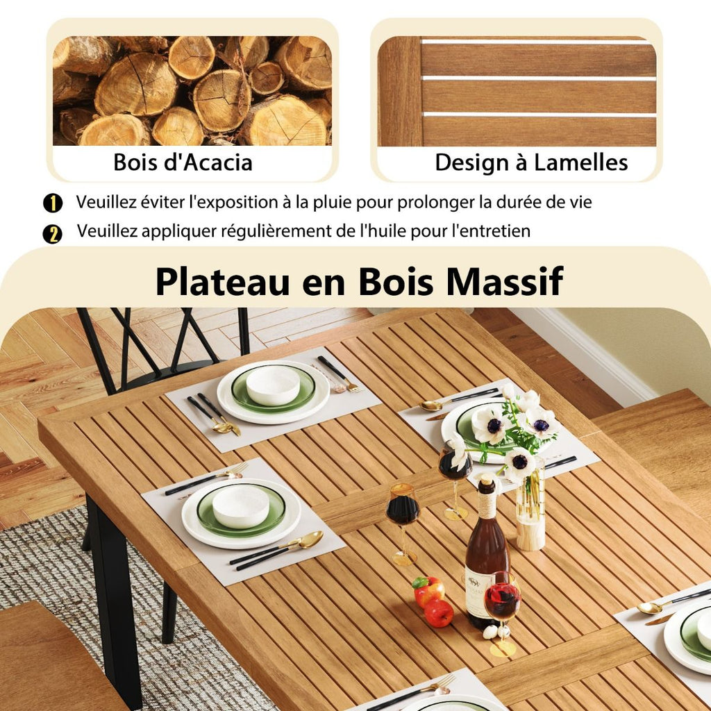 Table de Jardin 200 CM pour 8 Personnes Table Exterieur en Bois d’Acacia avec Trou de Parasol Dia.5 CM Design Latte Pieds en Métal -