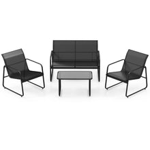Load image into Gallery viewer, Salon de Jardin 4 Pices avec 2 Chaises Table en Verre Tremp et Causeuse Meuble Extrieur en Tissu Respirant Cadre Mtallique Noir -