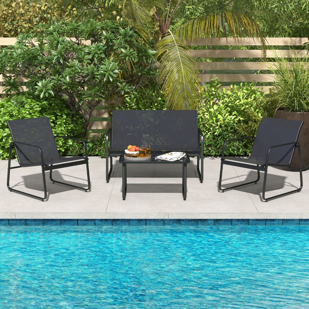 Salon de Jardin 4 Pices avec 2 Chaises Table en Verre Tremp et Causeuse Meuble Extrieur en Tissu Respirant Cadre Mtallique Noir -