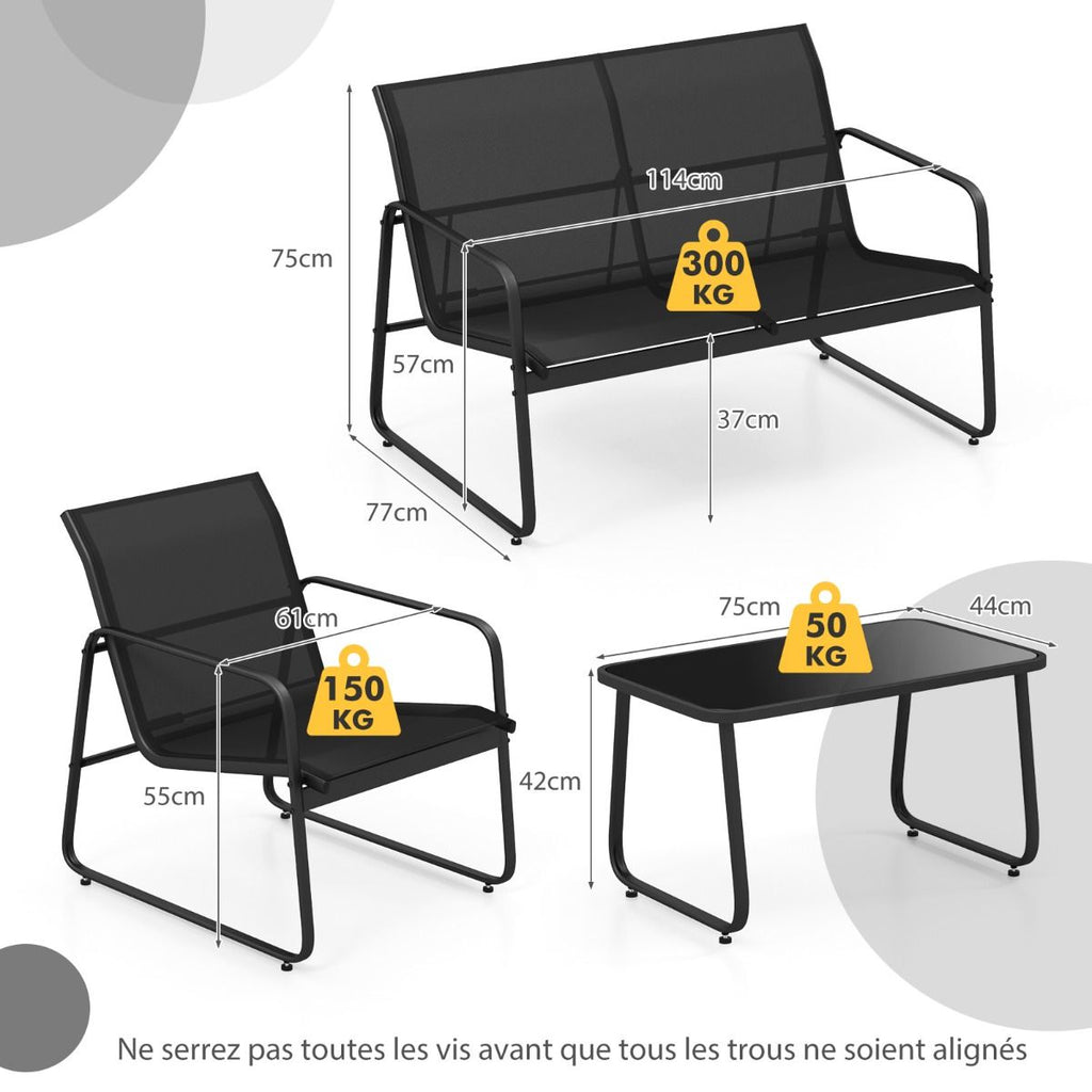 Salon de Jardin 4 Pices avec 2 Chaises Table en Verre Tremp et Causeuse Meuble Extrieur en Tissu Respirant Cadre Mtallique Noir -