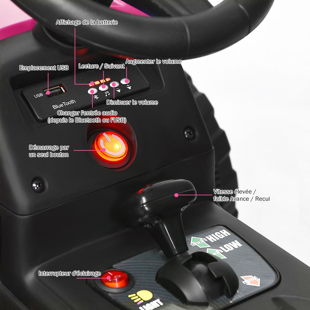 Tracteur Electrique avec Remorque pour Enfants 3 Vitesses Lumières LED Fonctions o USB et Bluetooth Jaune/Rose/Rouge/Vert/Vert Foncé/Noir -