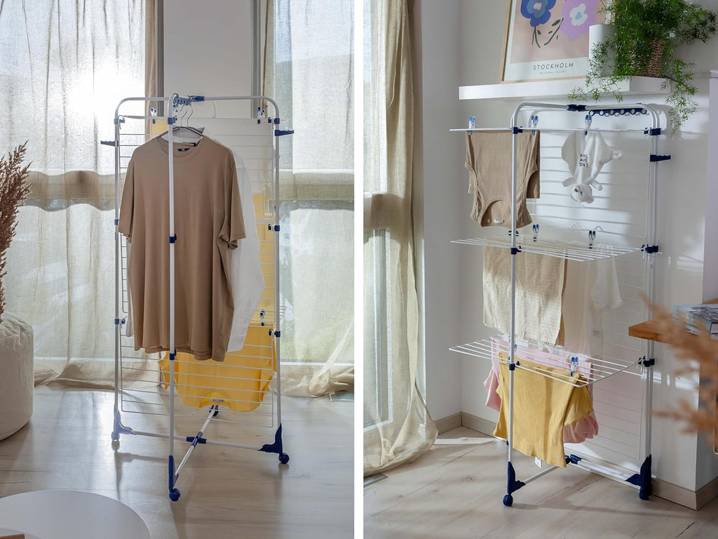 Leifheit Tour de séchage Classic Tower 340, étendoir à linge pliable à 3 niveaux, séchoir à linge tour 34 m avec cadres rabattables & roulettes 360°