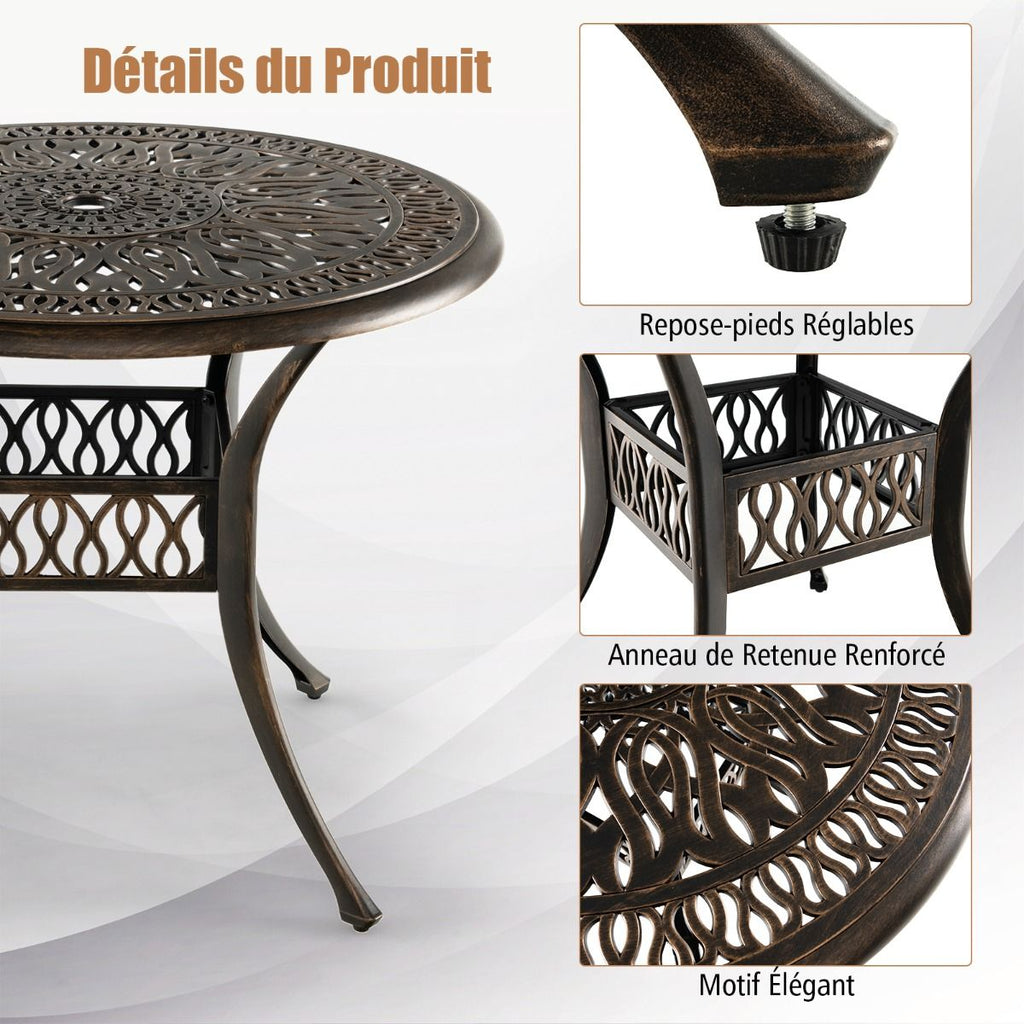 Table Jardin Ronde en Aluminium coulé 90x90x74CM avec Trou pour Parasol 5CM Table Extérieure avec Pied Réglable Antidérapant -