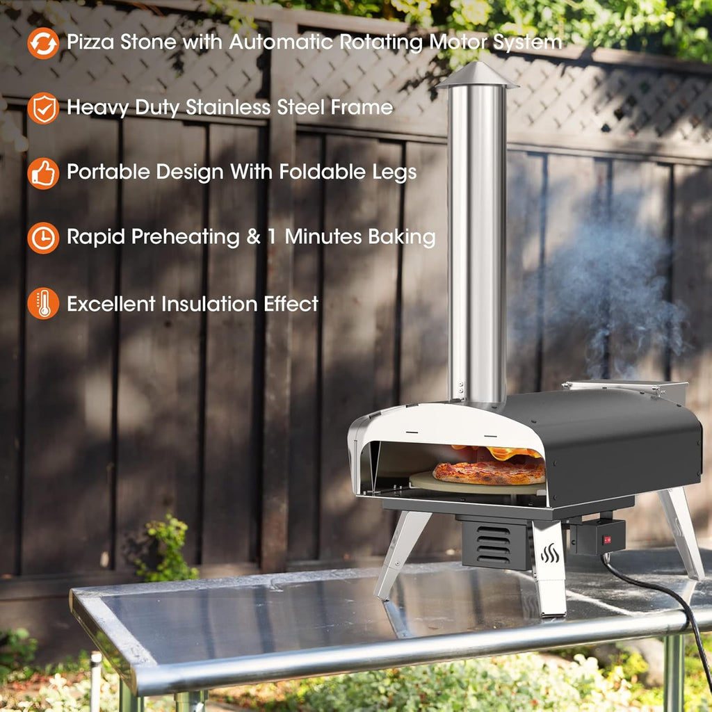 Mimiuo Four à Pizza Noir au Charbon de Bois pellets, Four à Bois Premium pour Jardin avec système de Rotation Automatique, avec Pelle et Pierre à Pizza (Tisserie W-Oven Series)