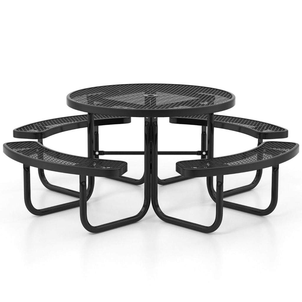 Table de Pique-Nique Ronde avec 4 Bancs Intégrés pour 8 Personnes Table de Camping en Métal avec Sièges et Trou pour Parasol 202x75cm Noir -