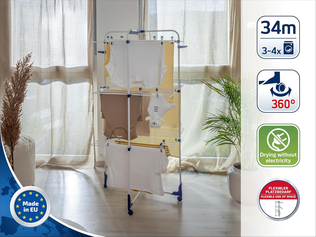 Leifheit Tour de séchage Classic Tower 340, étendoir à linge pliable à 3 niveaux, séchoir à linge tour 34 m avec cadres rabattables & roulettes 360°