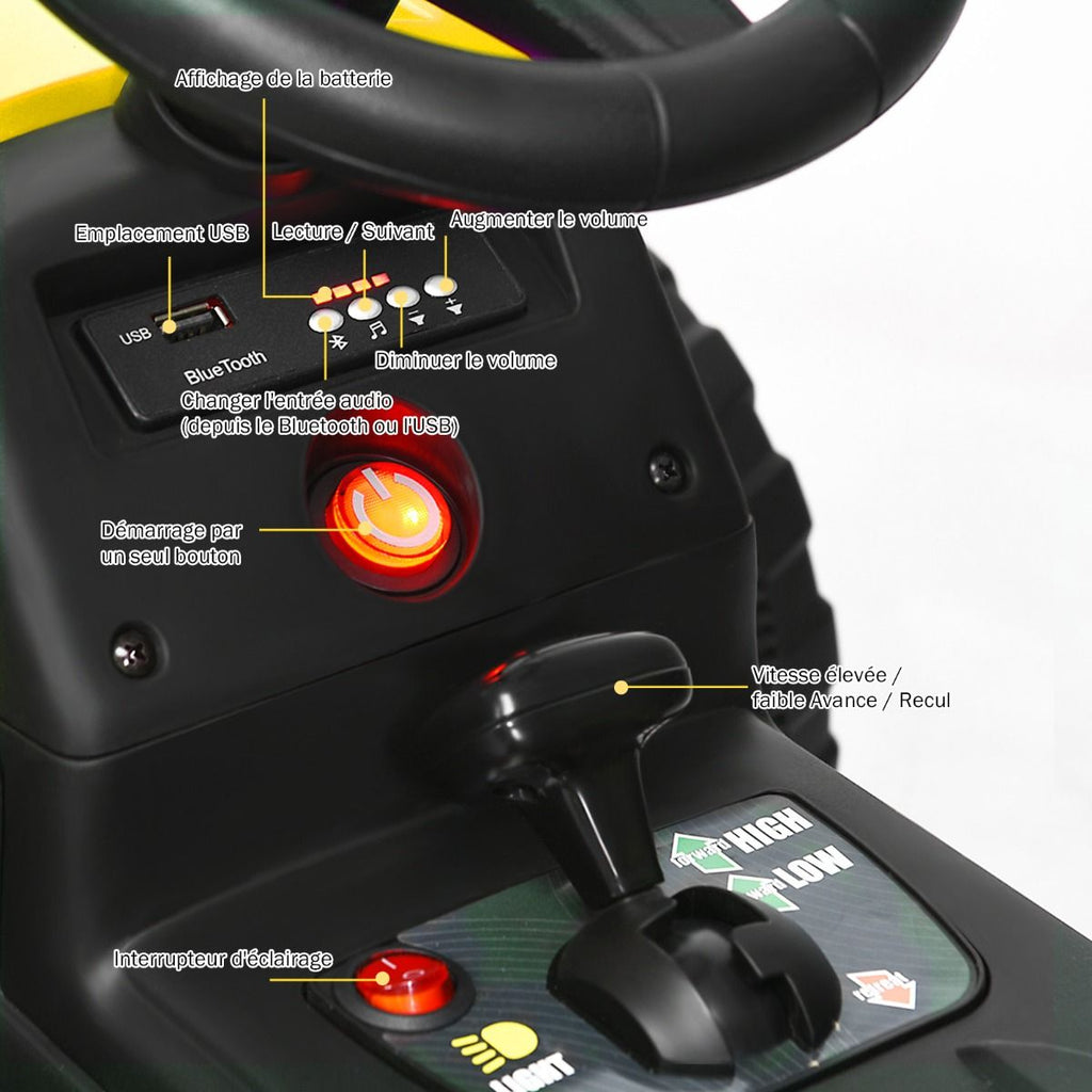 Tracteur Electrique avec Remorque pour Enfants 3 Vitesses Lumières LED Fonctions o USB et Bluetooth Jaune/Rose/Rouge/Vert/Vert Foncé/Noir -