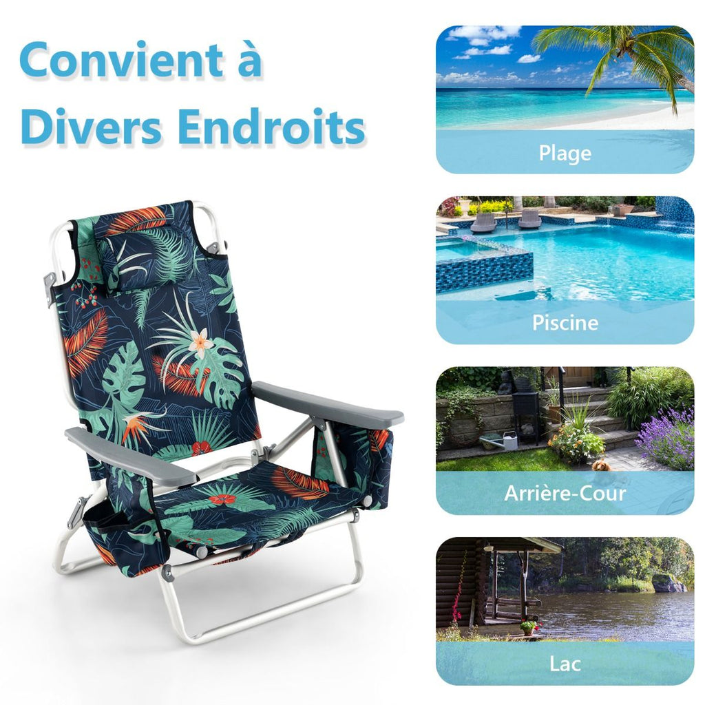 Lot de 2 Chaises de Camping Plage Pliante Table Enroulable en Aluminium Appui-tête Dossier Réglable à 5 Positions 6 Couleurs au Choix -