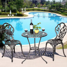 Load image into Gallery viewer, Salon de jardin avec 1 table ronde et 2 chaises en fonte d’aluminium Style rétro avec motif tulipe avec trou de parasol -
