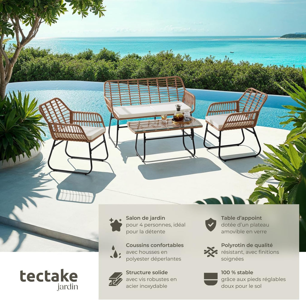 TecTake® Salon de Jardin Extérieur en Poly Rotin 4 Personnes Ensemble Canapé 2 Places 2 Fauteuil Salon et Table de Jardin, Coussins Amovibles Inclus, Amenagement Balcon Terrasse Veranda