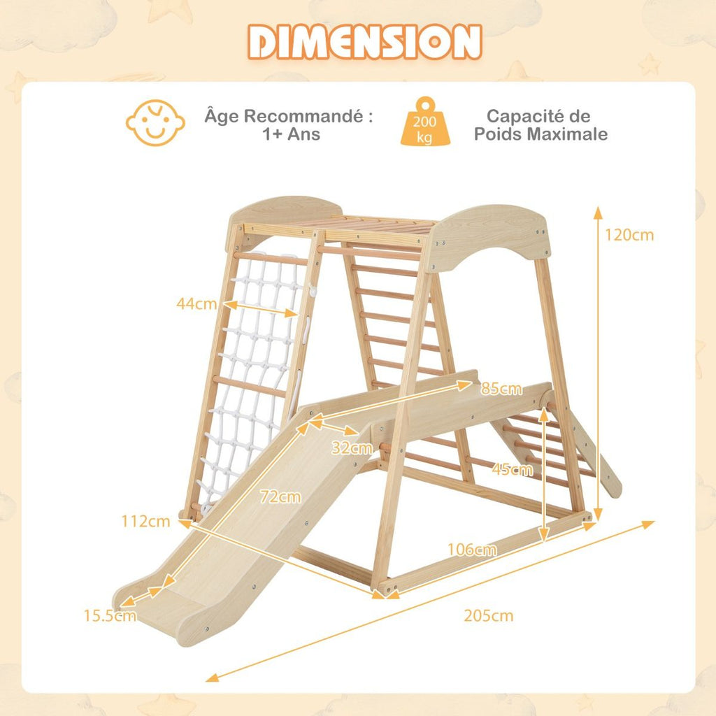 Triangle d'Escalade 6 en 1 en Bois avec Toboggan et Filet Barre pour Grimper Ramper et Glisser 1 An+ Coloré/Naturel -