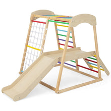Load image into Gallery viewer, Triangle d'Escalade 6 en 1 en Bois avec Toboggan et Filet Barre pour Grimper Ramper et Glisser 1 An+ Coloré/Naturel -