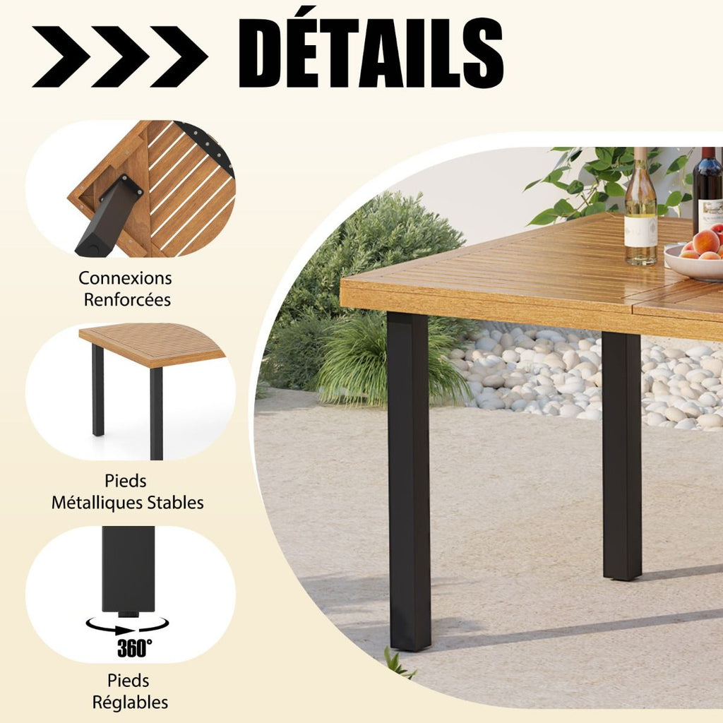Table de Jardin 200 CM pour 8 Personnes Table Exterieur en Bois d’Acacia avec Trou de Parasol Dia.5 CM Design Latte Pieds en Métal -