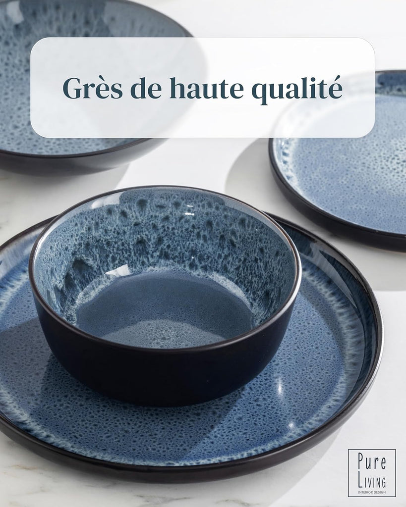 Service de Vaisselle en Grès Ibiza 36 pièces –Ensemble de Vaisselle pour 12 Personnes, Adapté au Lave-Vaisselle et au Micro-Ondes, Pure Living bleu fumé, Assiettes Service de Table