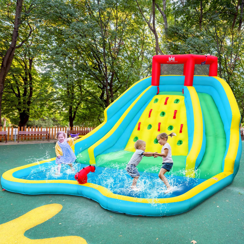 Toboggan Aquatique Gonflable 5 en 1 avec Pataugeoire Aire de Jeux Gonflable en Oxford avec Mur d'Escalade Charge 150kg pour 3-10 Ans (sans Souffleur) -