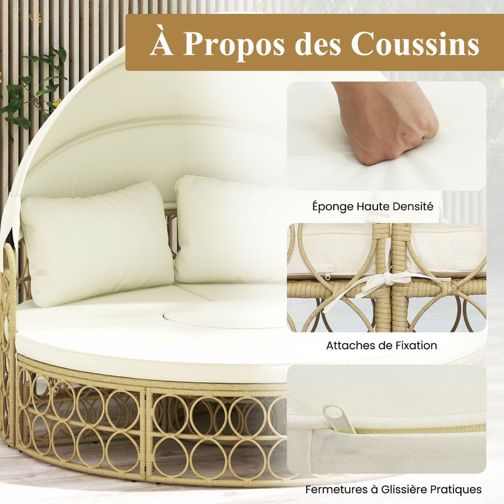 Lit de Repos Rond pour Patio avec Auvent Rtractable Ensemble de Sige Sectionnels Spars en Rotin PE avec Coussins Doux Blanc -