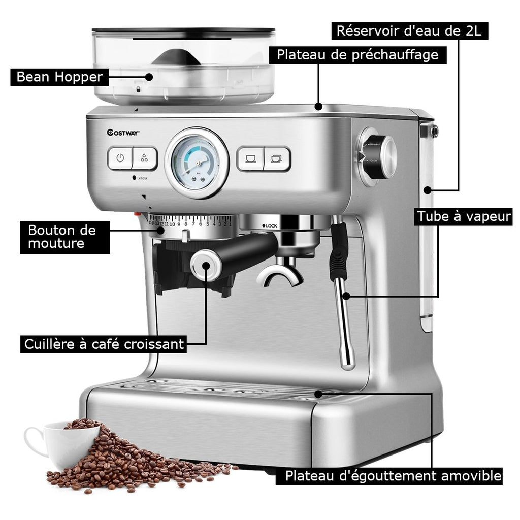 Machine à Café Automatique avec Broyeur à Grains 1350W 30 Niveaux de Poudre de Café Réglables Température Réglable -