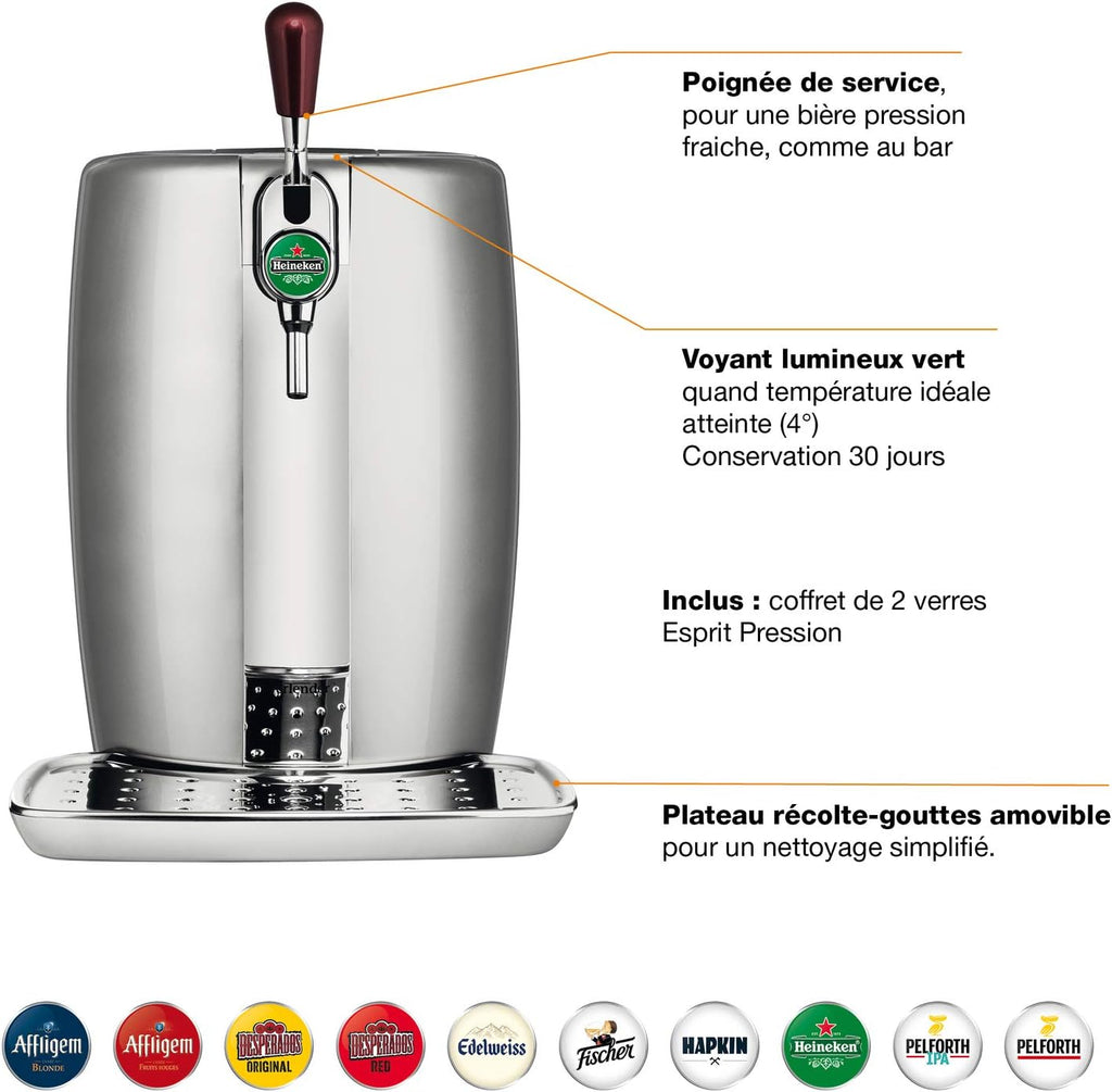 Krups BeerTender Silver et chrome Machine à bière Pression pour la maison Tireuse à bière Pompe à bière Coffret 2 verres YY2931FD
