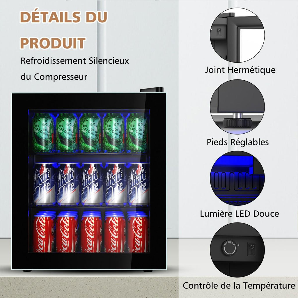Réfrigérateur et Refroidisseur de Boissons 60 Canettes Mini Frigo avec Porte en Verre & Étagères Amovibles Ajustables (60 Canettes) Noir -