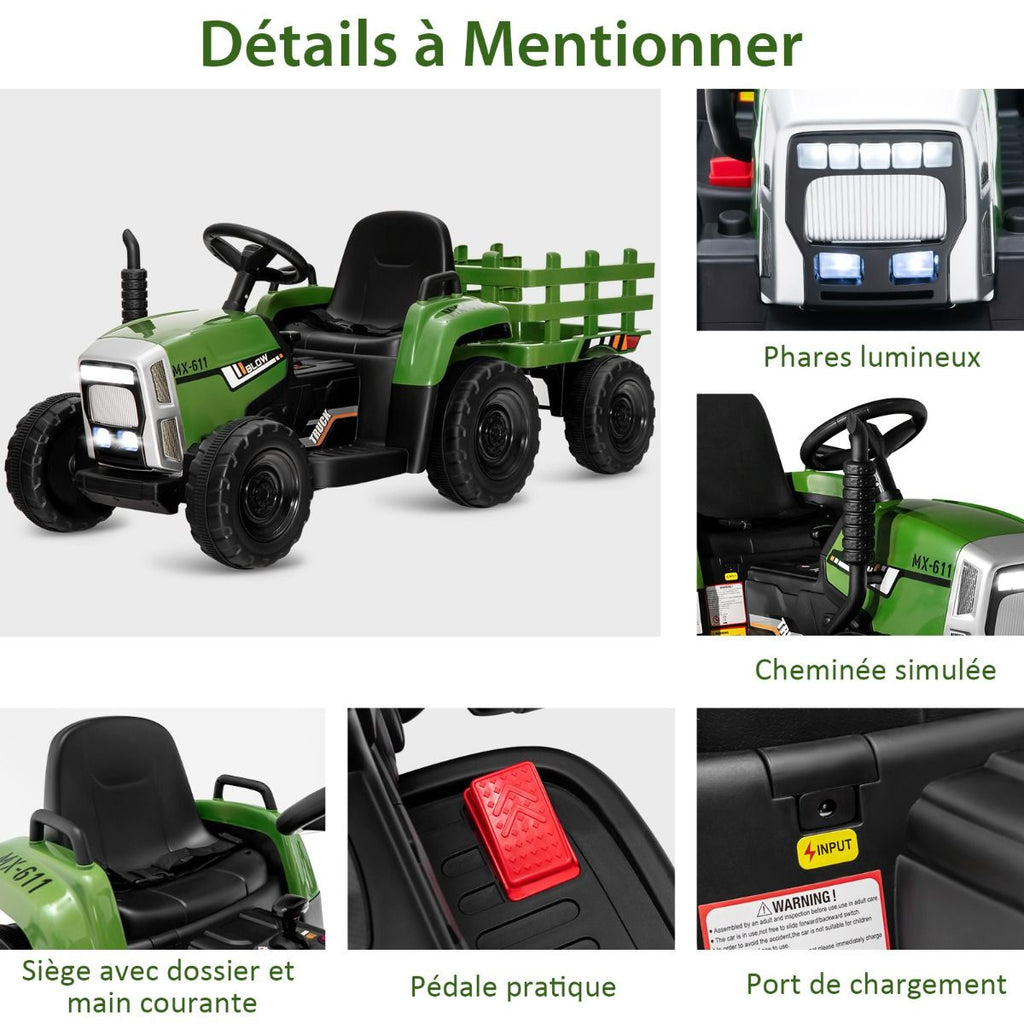 Tracteur Electrique avec Remorque pour Enfants 3 Vitesses Lumières LED Fonctions o USB et Bluetooth Jaune/Rose/Rouge/Vert/Vert Foncé/Noir -