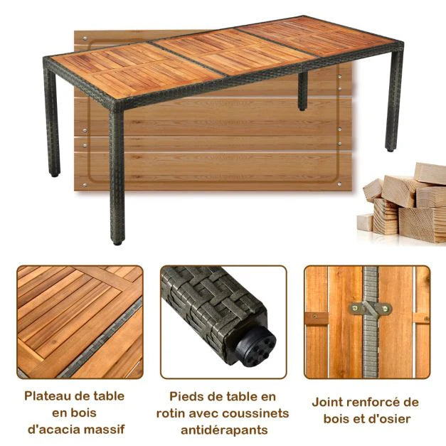 Salon de jardin avec 1 table et 8 chaises en bois et rotin anti-uv pieds rglables et coussins impermables inclus 20_0009211 -