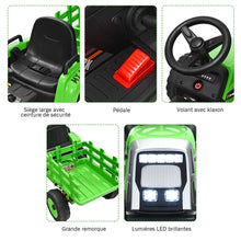 Load image into Gallery viewer, Tracteur Electrique avec Remorque pour Enfants 3 Vitesses Lumires LED Fonctions o USB et Bluetooth Jaune/Rose/Rouge/Vert/Vert Fonc/Noir -