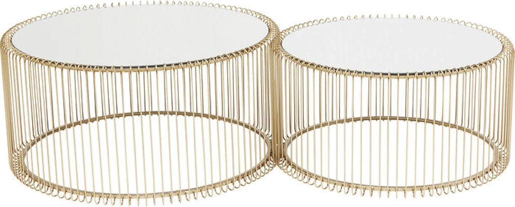 Kare Design Tables Basses Wire, Lot de 2, Laiton/Miroir, Rond, Acier, Plateau de Table en Verre, Diamètre 70/60cm, Style Moderne, Élégante, Table Basse Salon, Deco Intérieur, Décoration Chambre